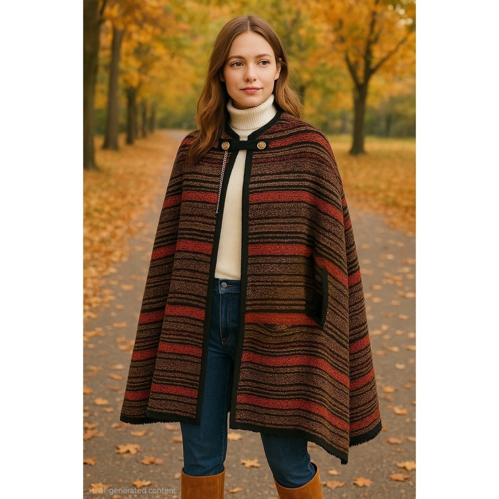 VTG  Parade New York Cape Women 10 Black Orange Striped Fringe‎ Made USA Fall